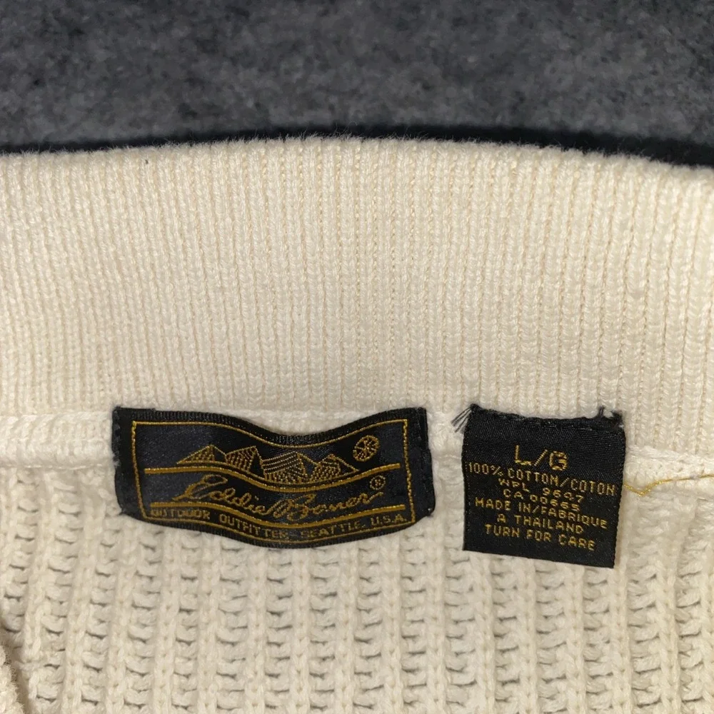 Eddie Bauer Sweater Mens L‎ Cream Cotton Long Sleeve Fisherman Henley Knit Heavy